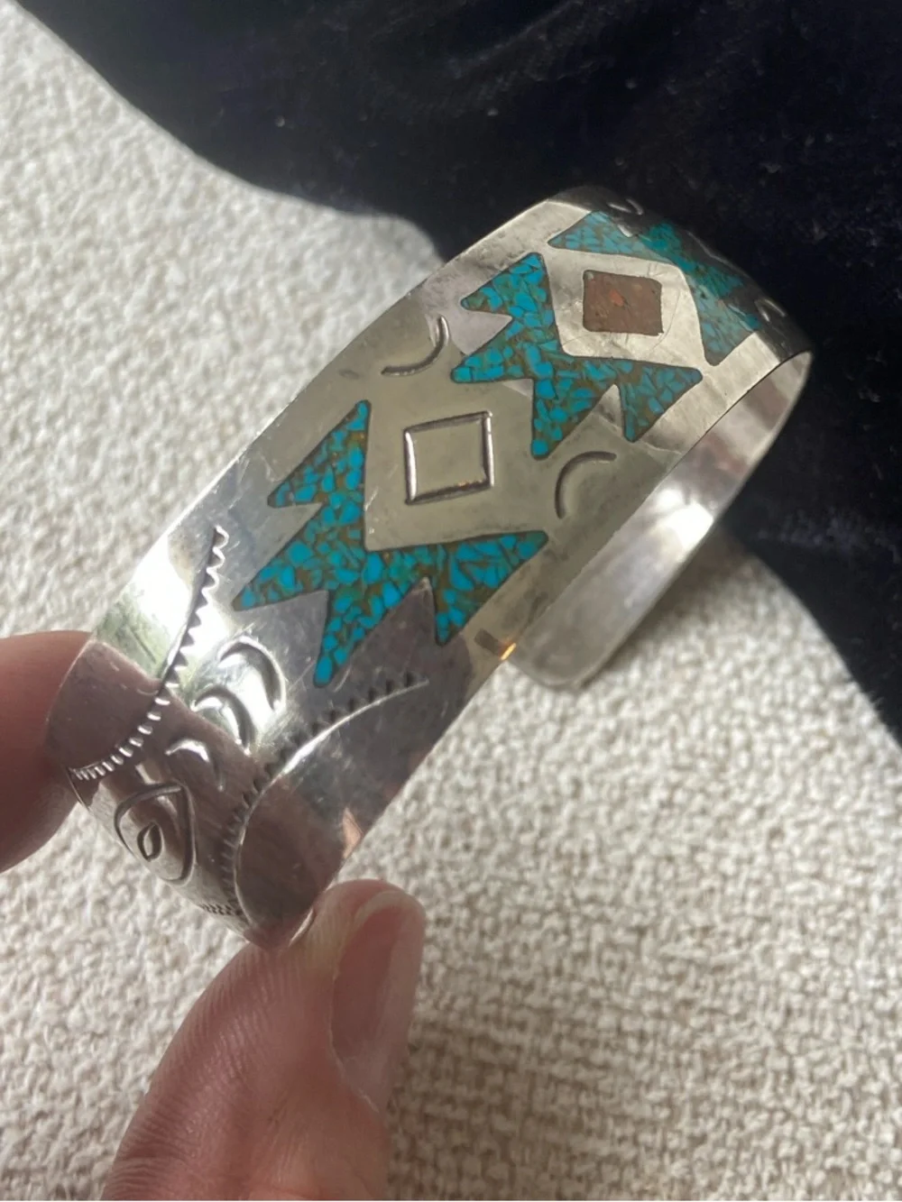 Turquoise and Corral Inlay Sterling Silver Cuff Bracelet, Native American - Picture 5 of 14